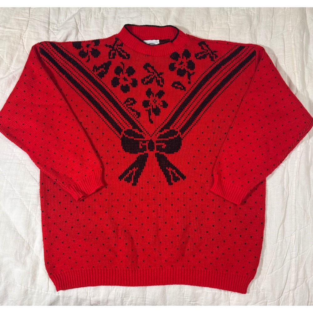 Vintage Classic Essentials Red Black Bow Floral Intarsia Knit Sweater Size 42